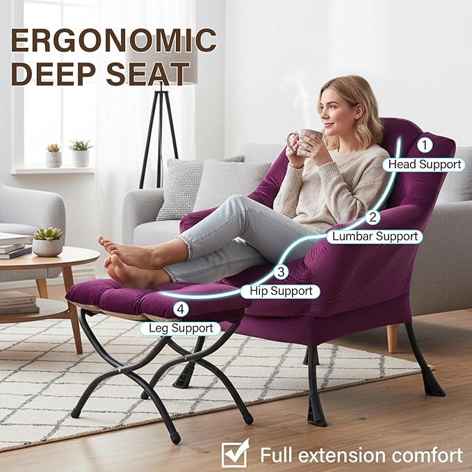 Welnow Lazy Chair with Ottoman, Modern Lounge Accent Chair with Armrests and a Side Pocket, Leisure Sofa Armchair Set, Reading Armchair with Footrest for Small Space, Dark Purple
