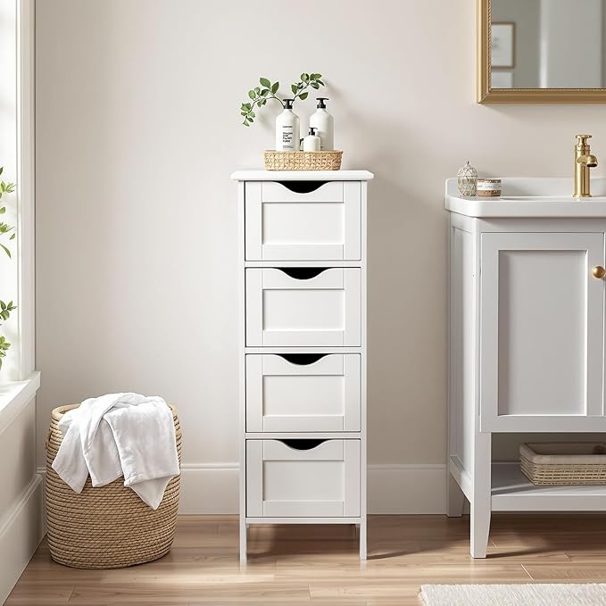 Bonnlo Bathroom Storage Cabinet Skinny Wooden Side Bathroom with 4 Drawers Small Free Standing Floor Cabinet White Slim 12 Inch Wide Organizer for Bedroom Living Room, 12 Inch Deep Narrow Organizer