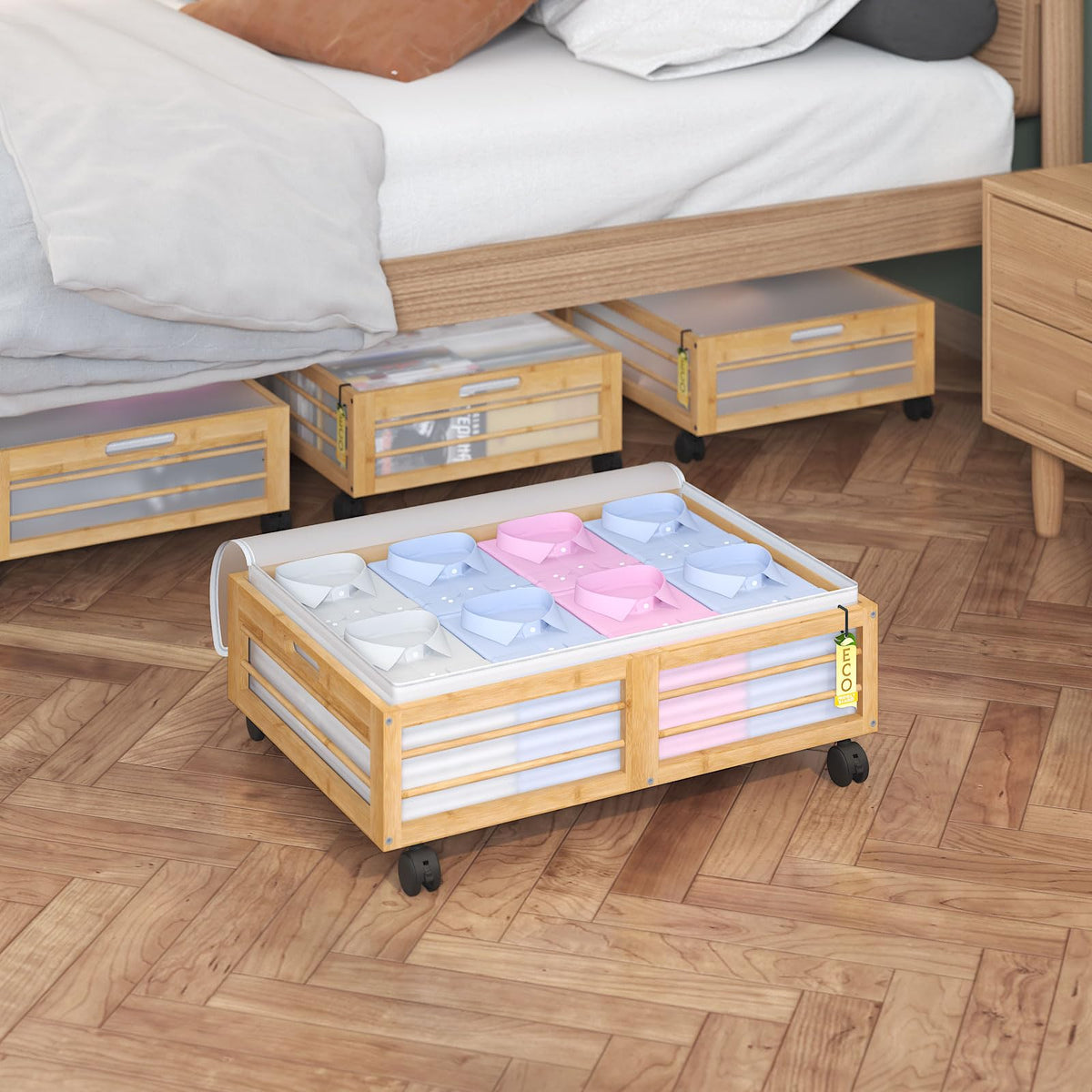 2 Pack Bamboo Under Bed Storage Drawers with Wheels - Image 1