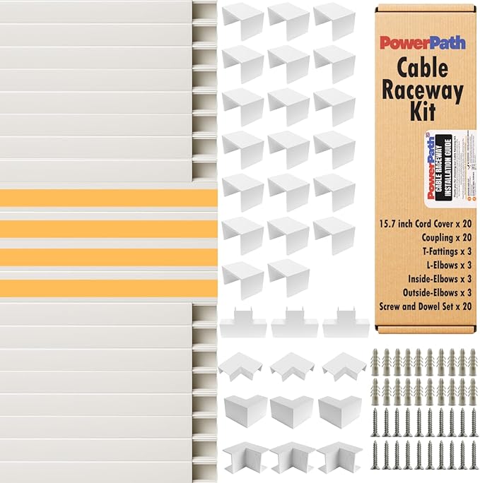 Cable Management Raceway Kit – 20 Pack 15.7” PVC Wire Hider with Connectors, T & L Corners, Inside & Outside Corners, Screws – Paintable Wall Cord Cover for TV, Home & Office
