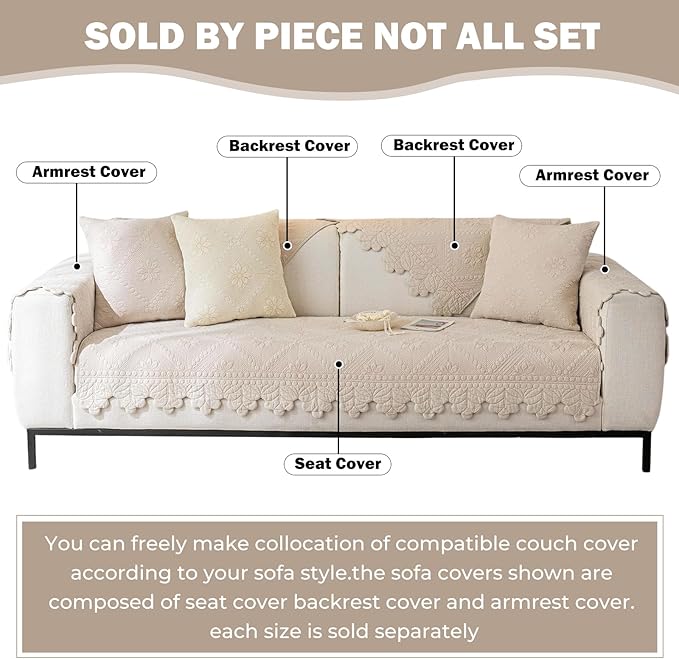 Cotton Quilted Dog Couch Cover for Sofa Farmhouse Rustic Embroidery Sectional Couch Cover Soft Anti-Slip Sofa Slipcover Furniture Protector for Kids, Pets (Khaki,36"x36")