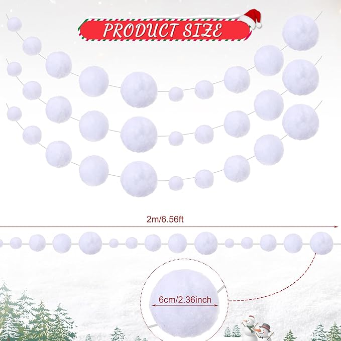 Tegeme 12 Pcs Winter Snowball Garland 6.5 Feet White Pom Pom String Garland Winter Party Wonderland Decoration Snow Ball Hanging Banner White Snowball Decor for Ceiling Tree Holiday Party Wall Home