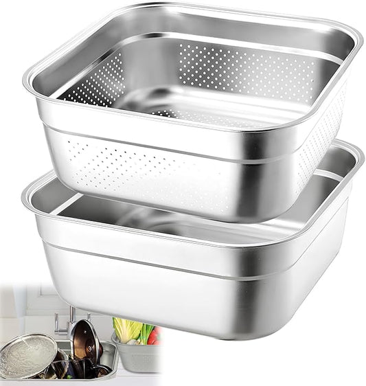2-in-1 Stainless Steel Washing Up Bowl Set, 12.8" Sturdy Square Dish Tub with Colander, Fruit Vegetable Washing Basin for Sink, Food Grade Dishpan for Draining Rice, Pasta, Food Strainer Mixing Bowl