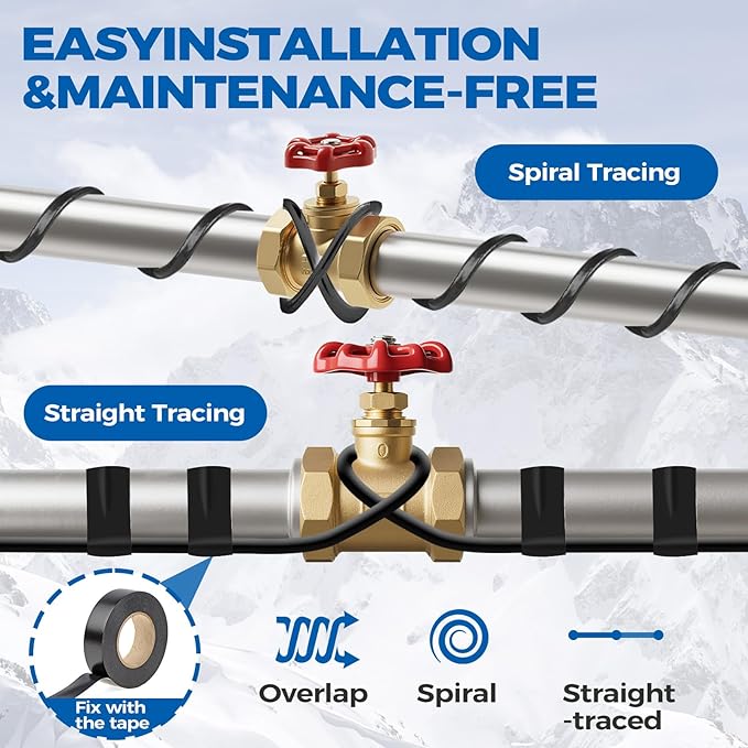 30FT（3FT-200FT） Pipe Heating Cable for Pipe Freeze Protection, Heat Cable for Water Pipes(Metal and Plastic), Pipe Heat Tape Keeps Water Flowing at -40°F 5w/ft, 120V Plumbing fixture