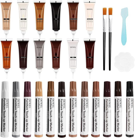 DEWEL Wood Furniture Repair Kit, Wood Floor Scratch Repair Kit, Upgrade 12 Colors Furniture Touch Up Markers and Fillers for Stains, Scratches, Floors, Tables, Bedposts