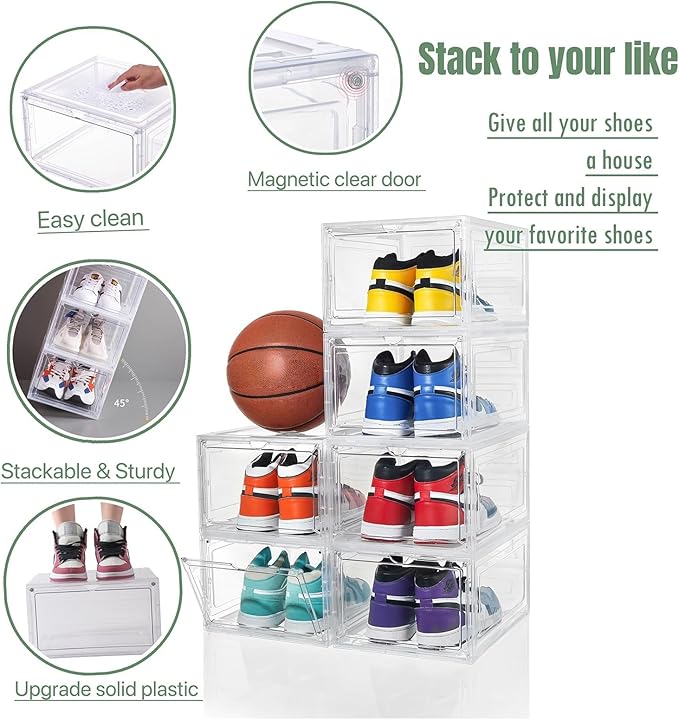 9 Pack X-Large Shoe Storage Box, Thicken&Sturdy with Clear Magnetic Door, Stackable Shoe Organizer with Solid Plastic, Drop Front Shoe Box for Sneaker Display Fit up to US Size 12
