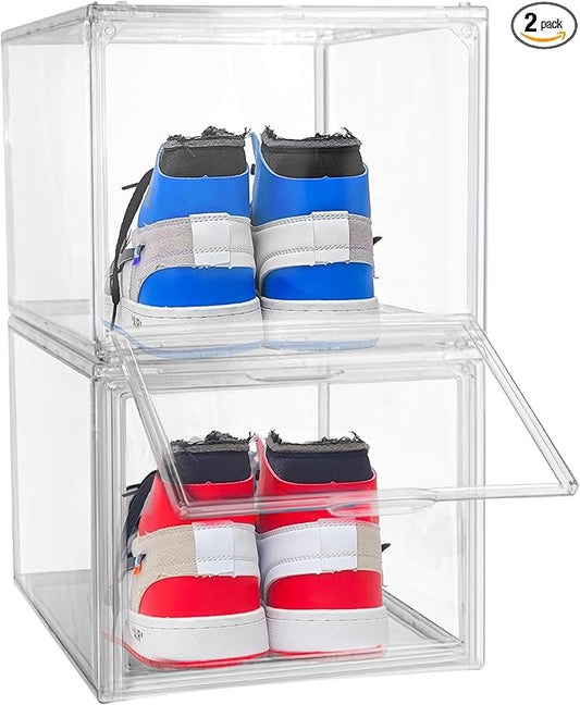 2 Pack Drop Front Shoe Boxes Fit US Size 13, Acrylic Shoe Organizer Clear Stackable Sneaker Sotrage Box for Entryway, Home, Underbed, Multiple Display Cases for Cosmetic, Hats, Figures, Sneakers