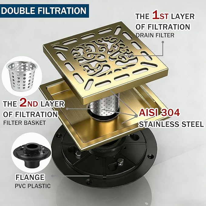 4 Inch Shower Drain, Square Shower Floor Drain Kit with Flange and Removable Cover Grate, AISI 304 Stainless Steel, Brushed Gold