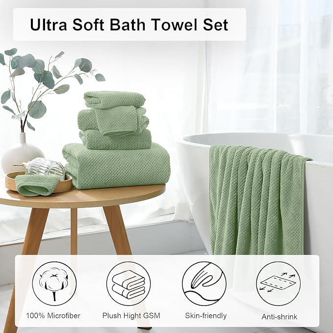 Oliven 8 Piece Green Family Bath Towel Set-2 Oversized Bath Towel Sheets,2 Hand Towels,4 Washcloths-600GSM Soft Highly Absorbent Quick Dry Beach Chair Towels Woven Towels for Bathroom Hotel and Spa