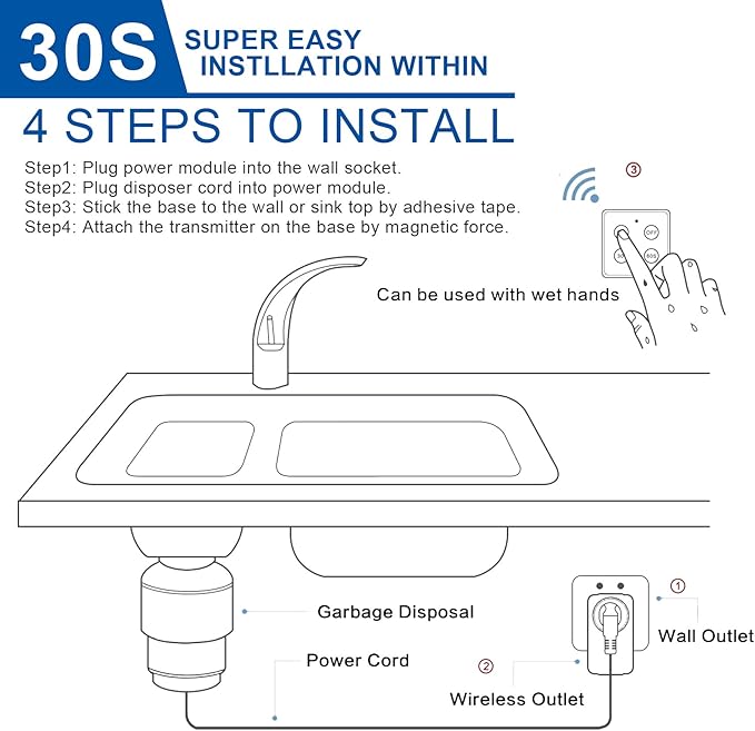 Garbage Disposal Wireless Switch Kit with 30s 60s Portable Timer Remote