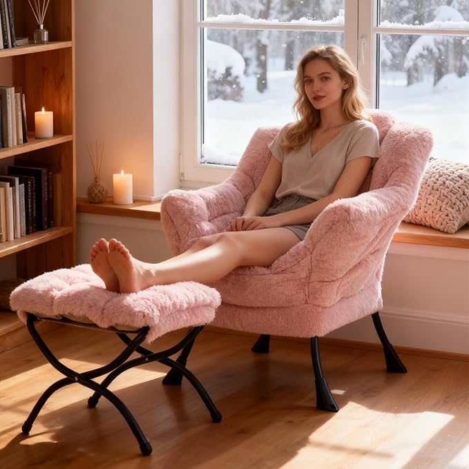Welnow Lazy Chair with Ottoman, Modern Lounge Accent Chair with Armrests and a Side Pocket, Leisure Sofa Armchair Set, Reading Armchair with Footrest for Small Space, Plush Pink