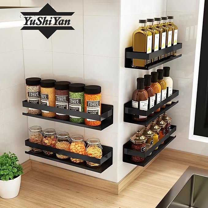 Floating Stainless Steel Shelves with Baking Paint Technique Rust Protection, Nail-Free Wall Mounted Spice Rack for Kitchen,Storage Organizer Shelves,Set of 1 Black