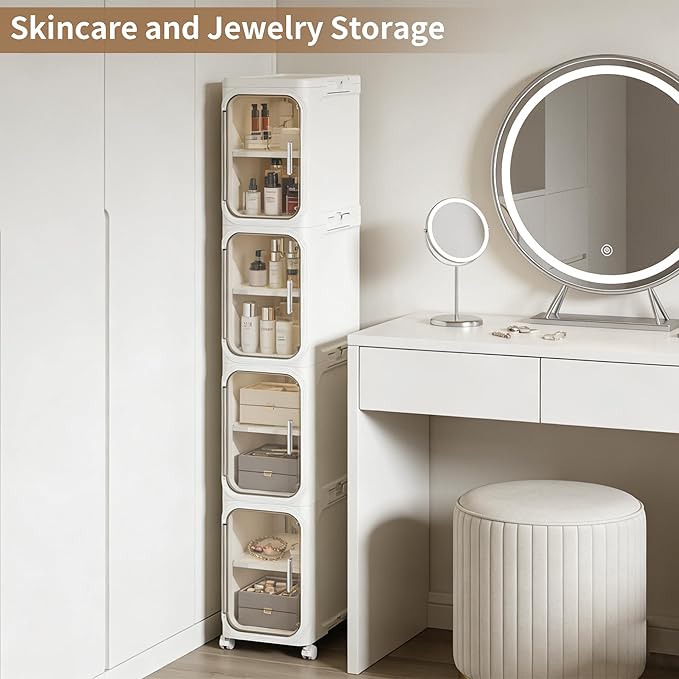 Narrow Storage Cabinet Slim Bathroom Storage Cabinet with Movable Wheels Tall Bathroom Organizer Skinny Cabinet for Small Spaces，2-Tier Beige