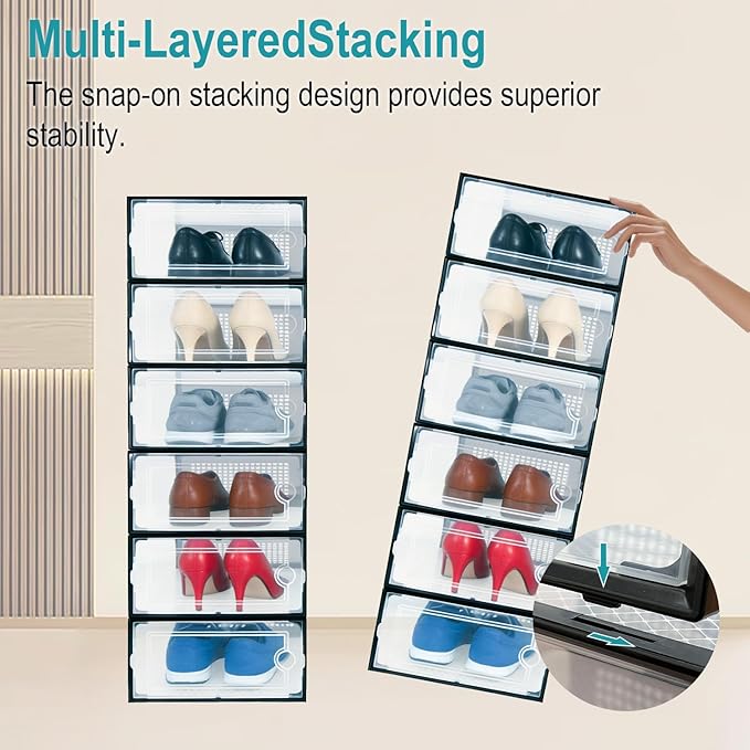 12 Pack Shoe Storage Boxes, Clear Plastic Stackable Shoe Organizer for Closet, Foldable Shoe Rack with Lids for Entryway, Closet, Under Bed, Black (13 x 9.1 x 5.5inches)