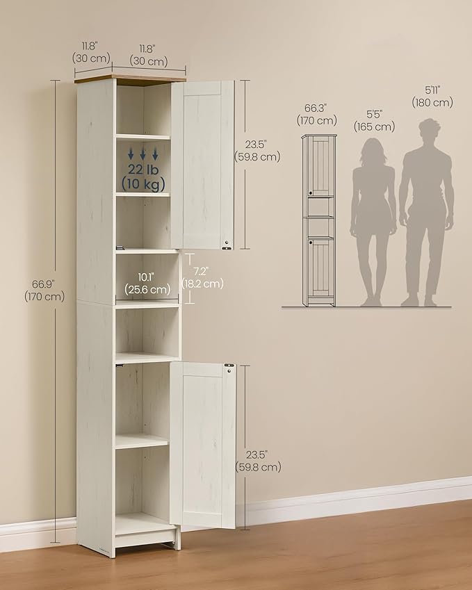 SONGMICS HOME 67" Tall Bathroom Storage Cabinet, Superfast Toolless Assembly, 11.8" Wide Slim Narrow Freestanding Cabinet with Adjustable Shelves, for Kitchen Living Room, Rustic White UBBC667WJ02S