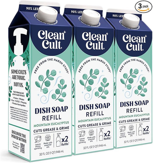 Cleancult Dish Soap Liquid Refills - Plant Based Cleaning Power - Cuts Grease & Grime - Free of Harsh Chemicals - Uses 90% Less Plastic - Mountain Eucalyptus - 32 oz/3 Pack