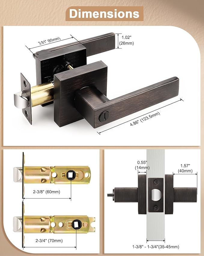 Probrico Oil Rubbed Bronze Privacy Door Levers Heavy Duty Lockset for Interior Bedroom/Bathroom, Flat Square Universal Handing Handlesets/Leversets, 6 Pack