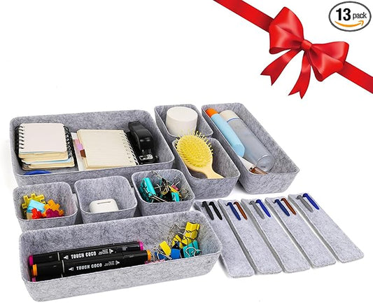 13 Pcs Office Drawer Organizer,Felt Nightstand Organizer, Large Kitchen Drawer Organizer Tray, Office Supplies Desk, Adjustable Under Desk Storage for Papers Hold Pens & A4 Sized File