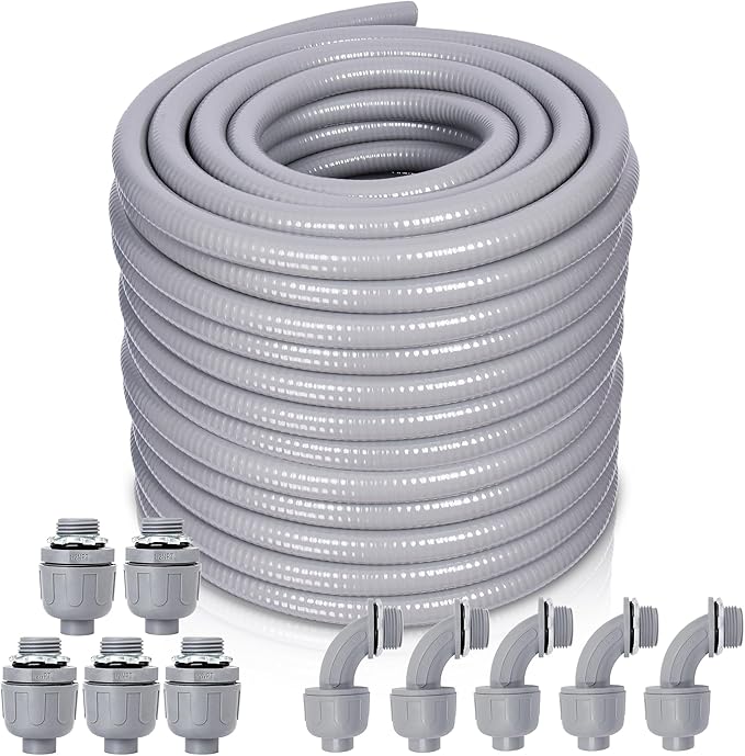 Liquid-Tight Conduit and Connector Kit - 1/2 Inch 100 FT Non Metallic Liquid Tight Electrical Conduit with 5 Straight and 5 Angle Fittings