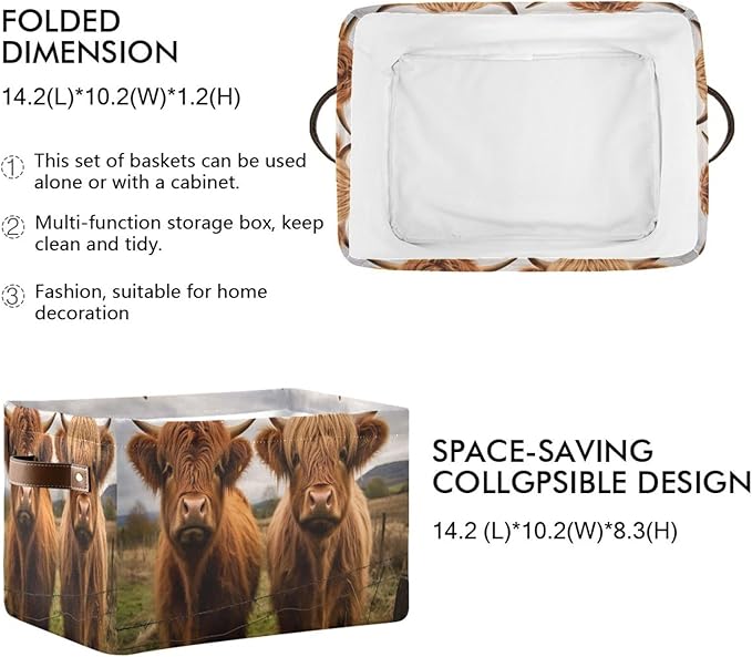 Storage Basket Scottish Highland Cow Rectangular Collapsible Canvas Shelves Storage Bins with Leather Handles for Shelves Home Closet Bedroom Living Room, 1Pack