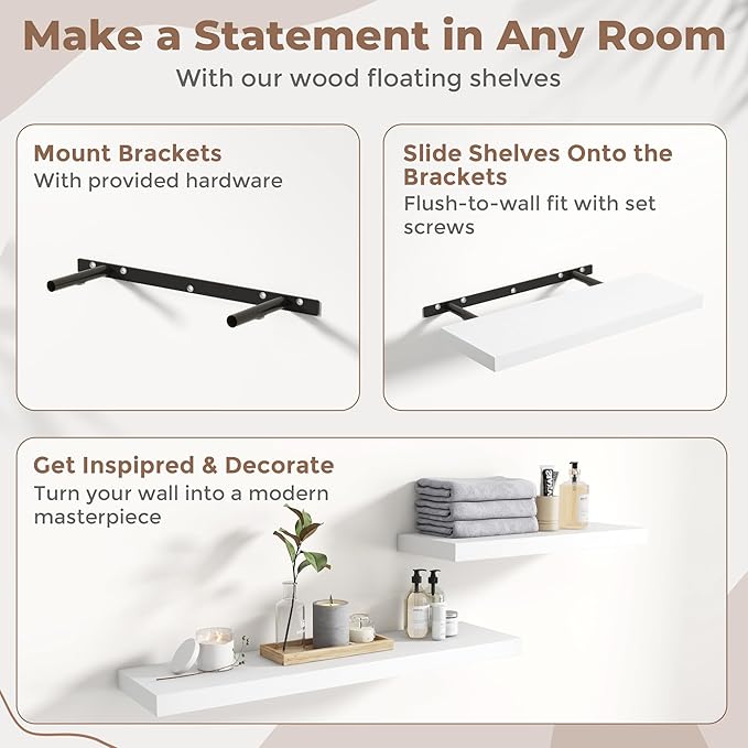 24 Inch Floating Shelves for Wall Set of 2, 8"D Wood Grain Bathroom Shelves with Invisible Brackets, Easy Install Engineered Wood Storage Shelves for Kitchen, Living Room, Bedroom, White Finish