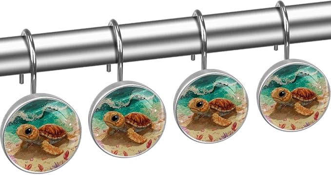 Beach Cartoon Ocean Turtle Shower Curtain Hooks Rings, Stainless Steel Rust Proof Shower Curtain Hooks, Decorative Shower Hooks for Bathroom Shower Rods Curtains, Set of 12