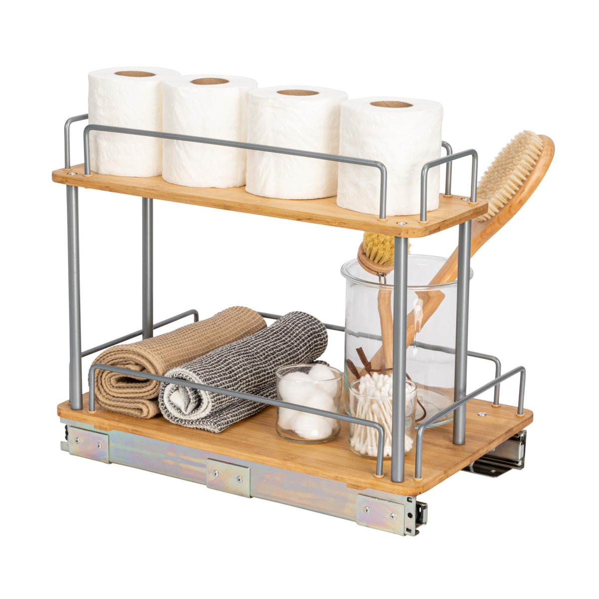 Household Essentials Bamboo and Silver Iron Two-Tier Slide-Out - Image 1