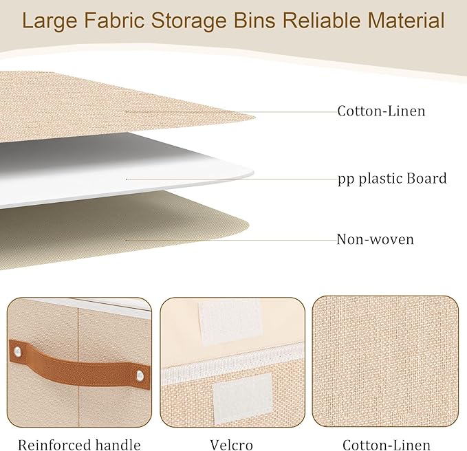Foldable Storage Boxes with Lids, Linen Closet Organizers,10.2 x 7.8 x 6.7 Inch Storage Bins for Shelves with Handles, Beige, 3-Pack