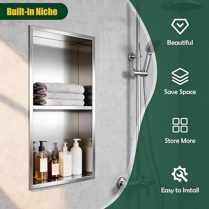 EasyVibe 304 Stainless Steel Shower Niche 24 x 12 Inch, No Tile Needed 2-Tier Recessed Bathroom Shelf Wall Insert, Waterproof Metal Bathroom Shelf Storage Organizer, Brushed Finish, Sliver