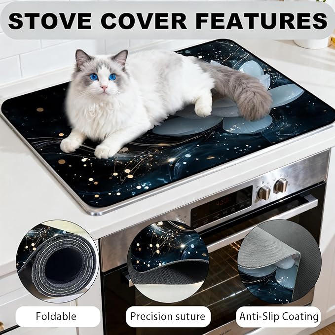 Glass Stove Top Covers for Electric Stove, Heat Resistant Counter Protector Mat, Non Slip Waterproof Surface Cover for Kitchen Counter and Cooktop (Night Lotus, 28"L x 20"W)