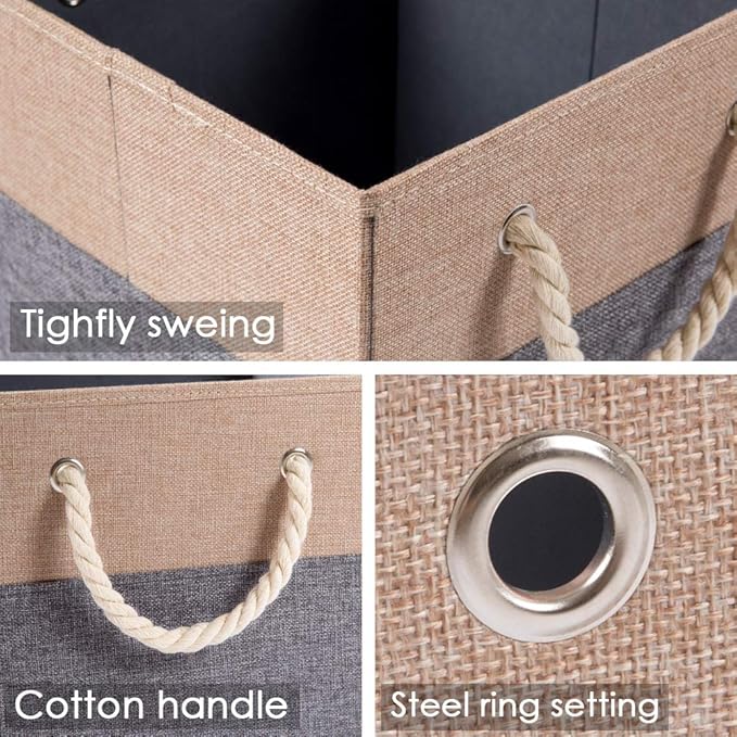 PRANDOM Large Foldable Cube Storage Bins 13x13 inch [2-Pack] Fabric Linen Storage Baskets Cubes Drawer with Cotton Handles Organizer for Shelves Nursery Closet Bedroom Khaki