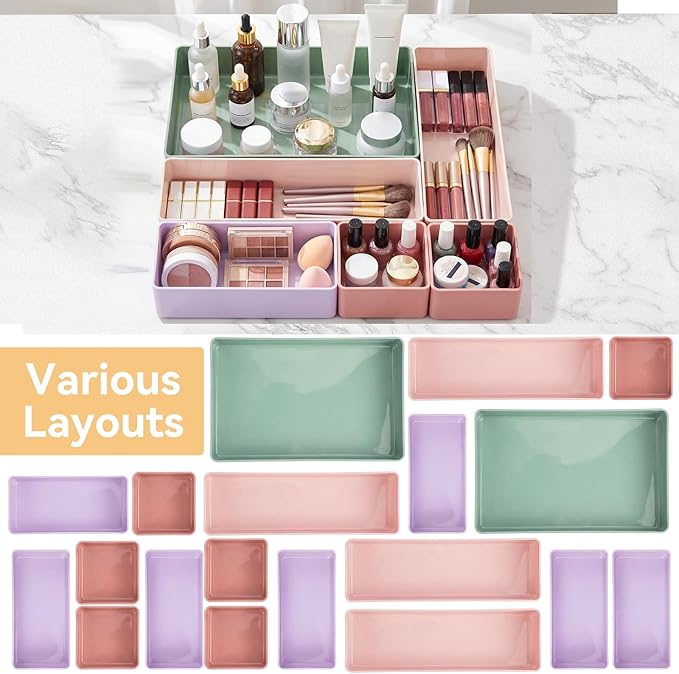 18 Pcs Drawer Organizer Stackable 4 Size Makeup Drawer Organizer Trays Acrylic Bathroom Vanity Storage Bins for Cosmetic, Jewelries, Office Supply, Kitchen Utensils(Multicolor,Glossy)
