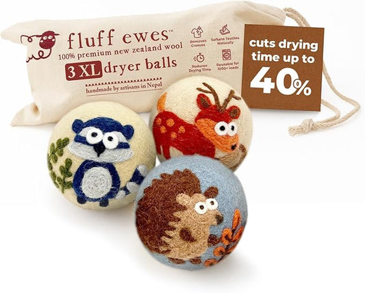 Hustle & Blush Fluff Ewes Wool Dryer Balls 3 Pack - Extra Large Hedgehog and Homies Premium Hand Needled New Zealand Laundry Set, Reduces Drying Time, Static Control, Chemical Free Reusable