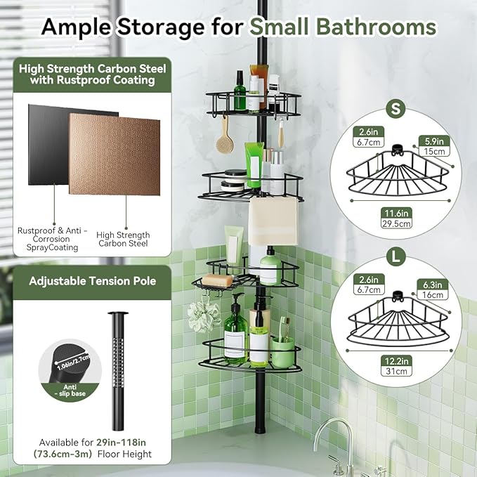 Corner Shower Caddy Tension Pole-4 Tier Adjustable Bathroom Shower Organizer with Soap Holder, Rustproof Shower Shelves Shower Rack for Inside Shower, Bathtub Shampoo Storage 29-118", Black