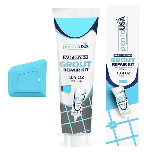 Tile Grout Repair Kit - Blue - Premixed Acrylic Sanded Grout, Waterproof Formula, Bathroom & Shower Grout Repair, with Plastic Applicator, 13.4 oz / 380 g / 0.84 lb