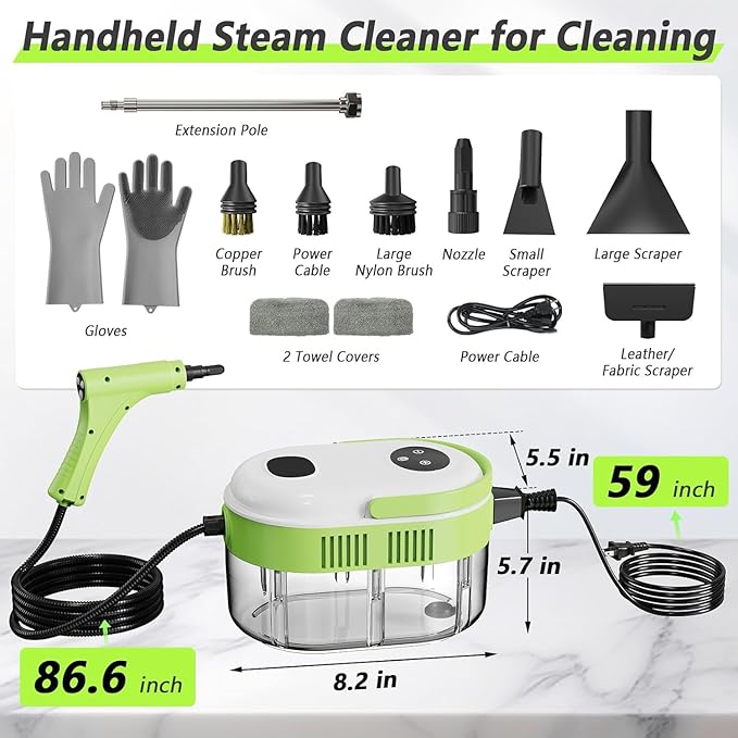 Steam Cleaner, Handheld Steam Cleaner with 6 Levels Adjustable Handle, 1.5L Water Tank, Steamer for Cleaning, Portable Steam Cleaner for Home, Car, Furniture, Couch, Bed Bugs (White & Green)