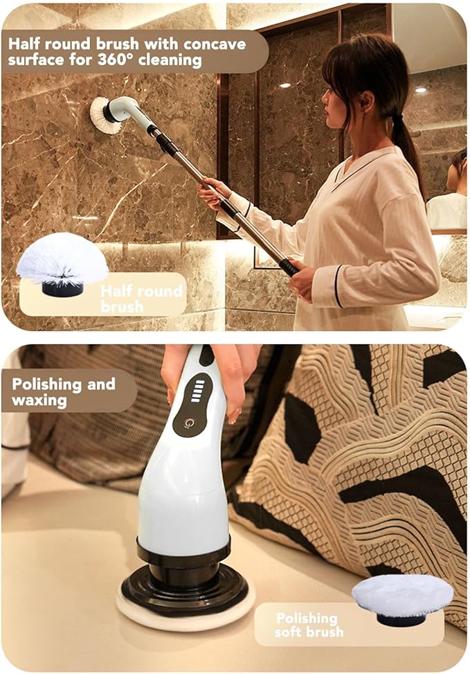 Electric Spin Scrubber Cordless Bathroom Scrubber with 6 Replaceable Brush Heads Adjustable Extension Handle Water Proof Shower Cleaner Brush for Bathtub Glass Car