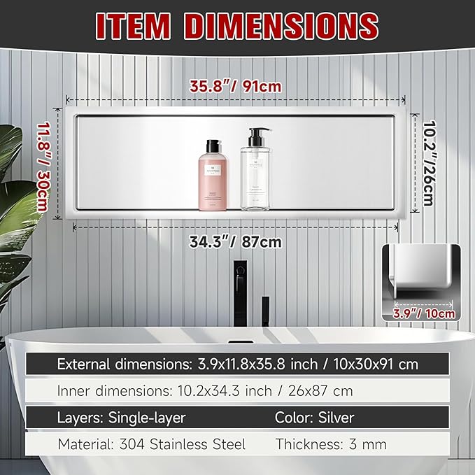 No Tile Needed Shower Niche 12"X 36", Bathroom Wall Niche Single Shelf, Stainless Steel Shower Niche for Bathroom, Kitchens, Balconies