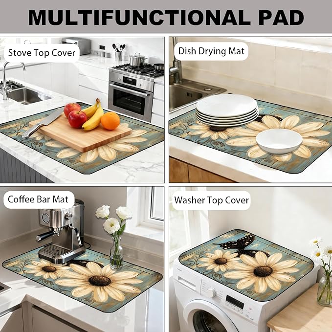 Glass Stove Top Covers for Electric Stove, Heat Resistant Counter Protector Mat, Non Slip Waterproof Surface Cover for Kitchen Counter and Cooktop (Daisy Butterfly, 28"L x 20"W)