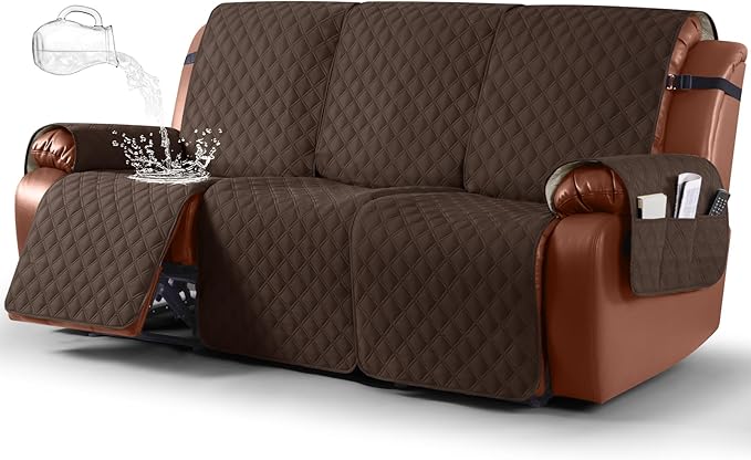 Ruaozz Waterproof Recliner Sofa Covers, 1-Piece Couch Covers for Reclining Couches Reclining Couch Cover Washable Furniture Protector with Elastic Straps Pocket for Kids Pets (Dark Brown, 3 Seater)
