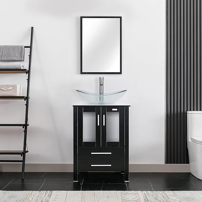 eclife 24" Modern Bathroom Vanity Sink Combo Freestanding Cabinet with Soft Closing Door, Clear Boat Glass Vessel Sink, Water Save Faucet, Drain (Black+A29TT)
