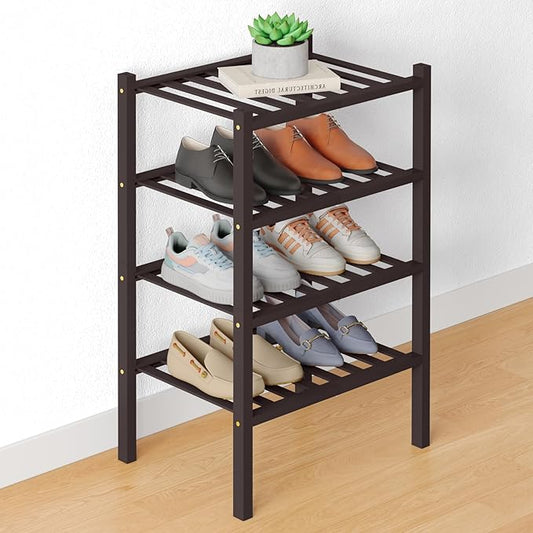 Smiry Bamboo Shoe Rack for Closet, 4 Tier Small Wooden Stackable Shoe Organizer, Free Standing Shoes Storage Shelf for Entryway, Front Door Entrance, Brown