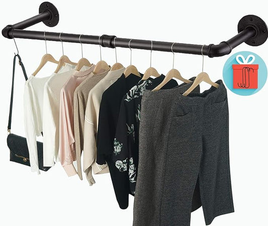 Clothes Rack Wall Mount with 3 Hooks, 36''L Clothing Bar for Wall, Industrial Pipe Clothes Rod, Heavy Duty Iron Garment Rack, Clothes Hanging Rod Bar for Laundry Room Closet Storage