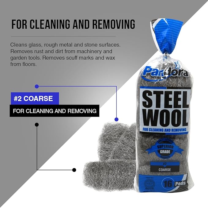 Pandora Steel Wool #2 – Coarse Grade, 240 Pads for Cleaning and Removing - Metal Strands - Ideal to Remove Floor Scuff Marks and Old Wax