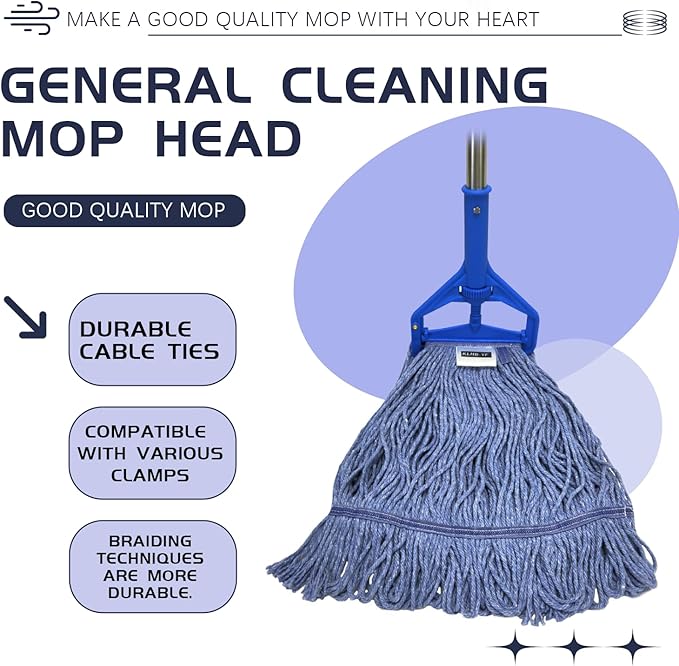 Commercial Cotton Mop Heavy-Duty Industrial with 2 Replacement Heads 152 cm Handle Replacement mop Head (Blue)