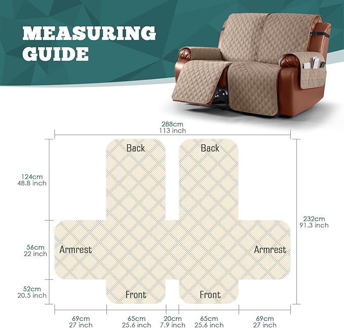 Ruaozz Waterproof Recliner Sofa Covers, 1-Piece Couch Covers for Reclining Couches Reclining Couch Cover Washable Furniture Protector with Elastic Straps Pocket for Kids Pets (Light Brown, 2 Seater)