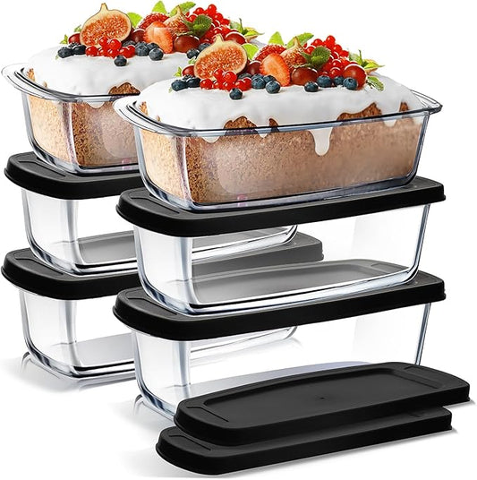Nestl Set of 6 Glass Bread Loaf Pans for Baking Bread Glass Food Storage Containers with Lids, Glass Baking Dishes for Oven, Pound Cake Pan 1.9 Quart