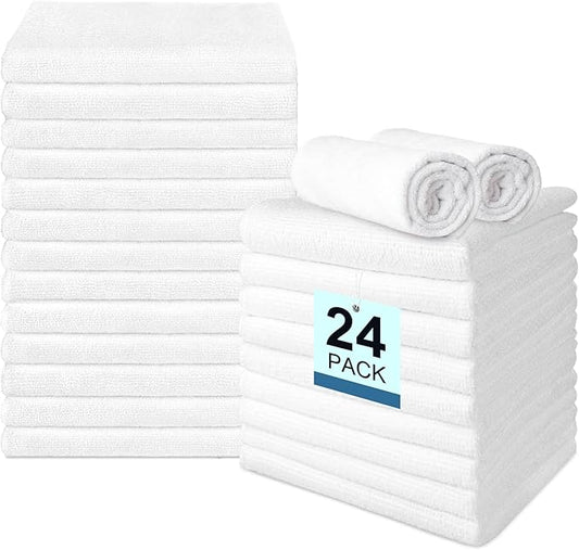 24 Pack Hand Towels Set - Highly Absorbent and Quick Drying Microfiber Gym Towels, Premium Wash Cloths for Bathroom, Salon, Gym, Shower, Hotel, and Spa - 16x27 inch (White)