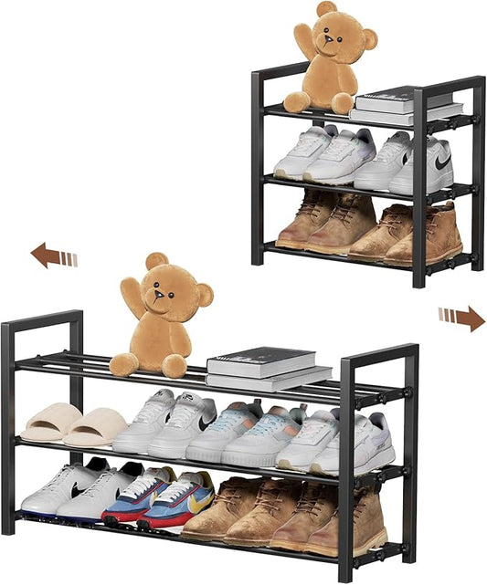 3-Tier Expandable Shoe Rack, Adjustable Shoe Shelf Storage Organizer Heavy Duty Metal Free Standing Shoe Rack for Entryway Closet Doorway (Black)