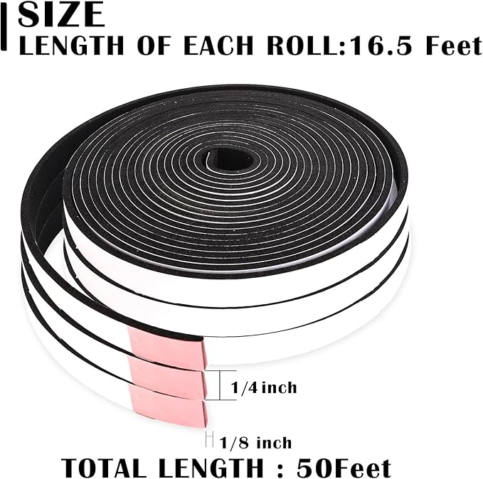 Black Foam Weather Stripping 1/4 Inch W x 1/8 Inch T,Single Sided Foam Tape for Door and Window，AC Seal,High Density Foam Insulation Strip,Soundproof and Closed Cell Weatherstrip 3 Roll(Total 50 Feet)